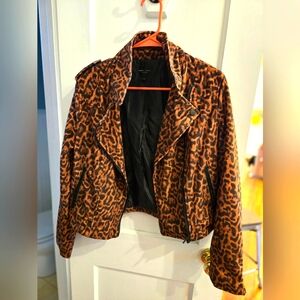 Leopard print cropped moto jacket, size L
